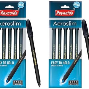 Reynolds AEROSLIM BP 5 CT POUCH - BLACK | Ball Point Pen Set With Comfortable Grip | Pens For Writing | School and Office Stationery | Pens For Students | 0.7mm Tip Size (Pack of 2)