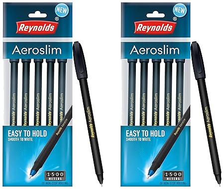 Reynolds AEROSLIM BP 5 CT POUCH - BLACK | Ball Point Pen Set With Comfortable Grip | Pens For Writing | School and Office Stationery | Pens For Students | 0.7mm Tip Size (Pack of 2)