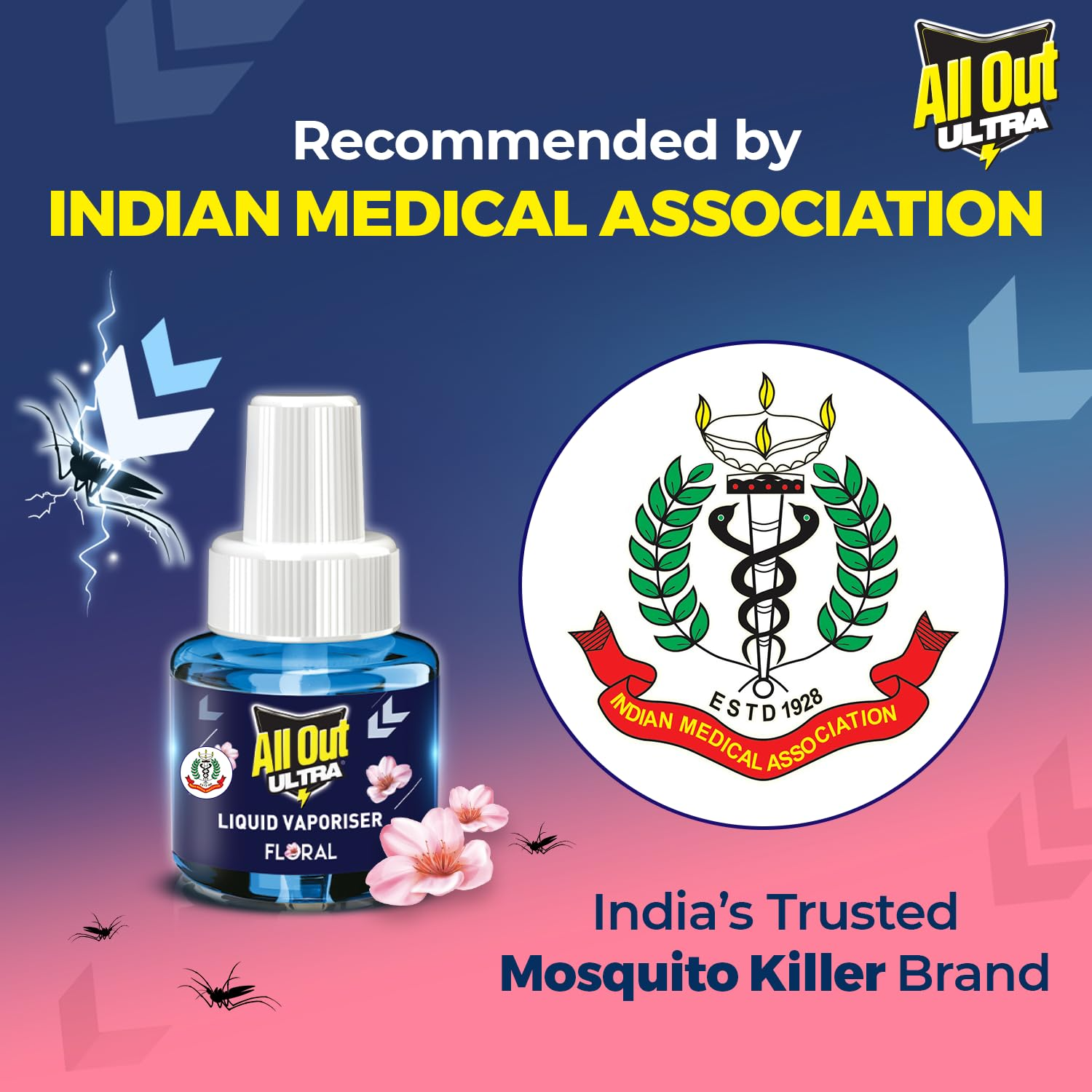 All Out Ultra Floral Liquid Vaporizer, Machine + 2 Refills (45ml each) | Kills Dengue, Malaria & Chikungunya Mosquitoes | India's Only Mosquito Killer Brand Recommended by Indian Medical Association